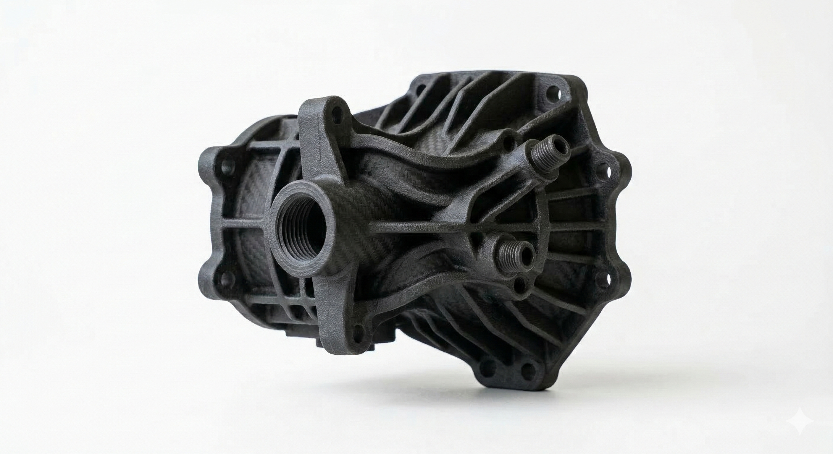 Componente técnico impreso en PA-CF negro, pensado para piezas rígidas y de alto desempeño.