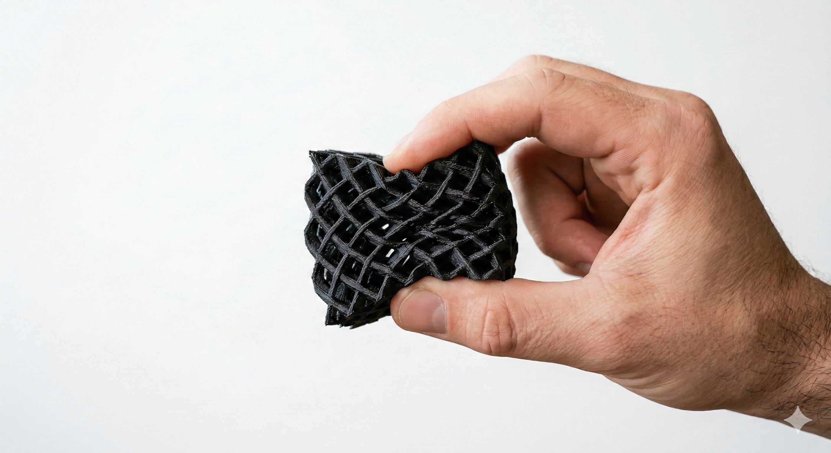 Muestra de una pieza impresa en TPU negro que se puede deformar sin romperse.